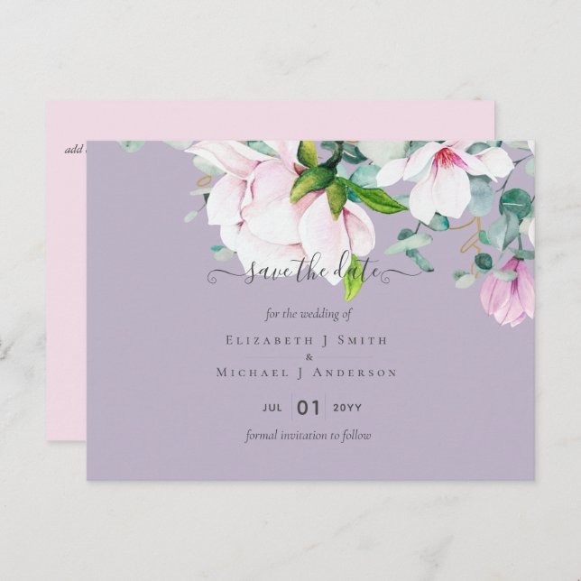 Pink Magnolias Lilac Eukalyptus Wedding Rett Dates Postkarte (Vorne/Hinten)