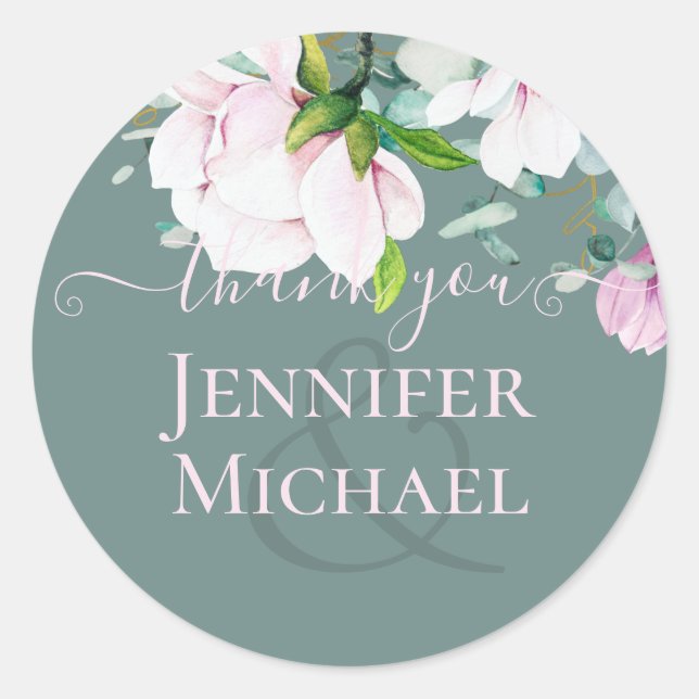 Pink Magnolias Sage Eukalyptus Wedding Danke, C Runder Aufkleber (Vorderseite)