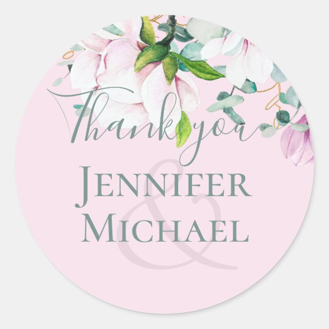 Pink Magnolias Sage Eukalyptus Wedding Danke, C Runder Aufkleber (Vorderseite)