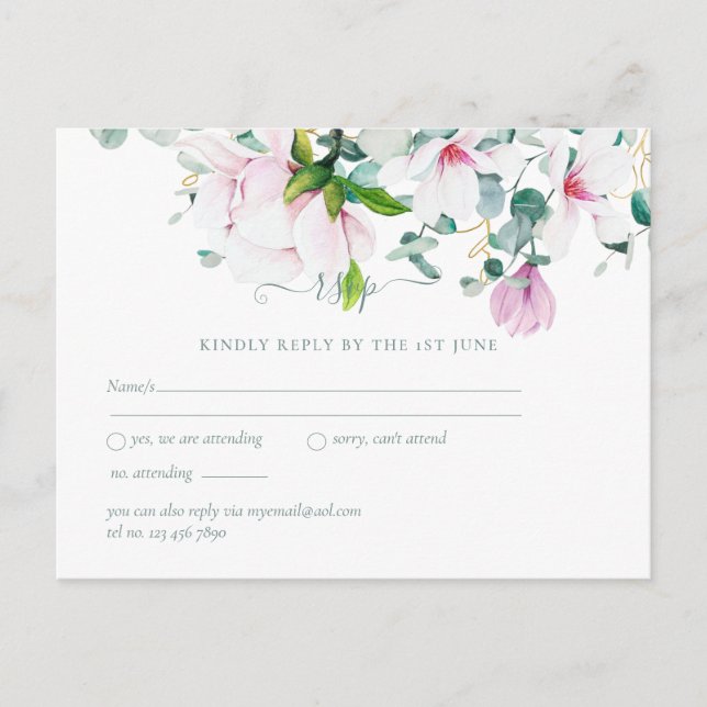 Pink Magnolias Sage Eukalyptus Wedding rsvp Postc Postkarte (Vorderseite)