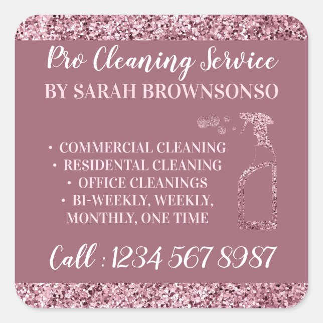 Pink Maid Janitorial funkeln Glitzer Reinigung Quadratischer Aufkleber (Vorderseite)