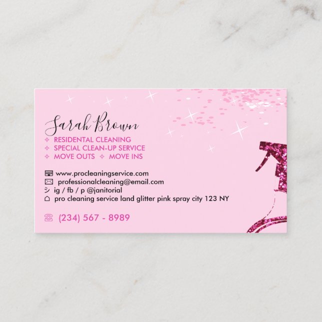Pink Maid ReinigSpray Sparkle Janitorial Visitenkarte (Rückseite)