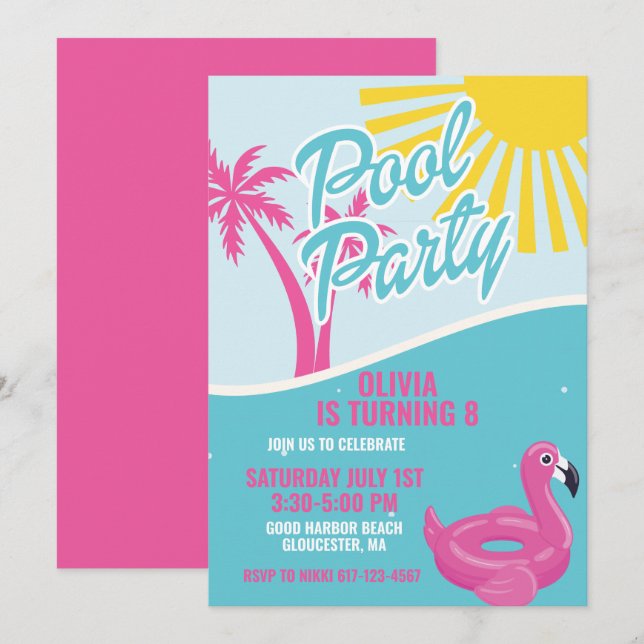 Pink Malibu Pool Party birthday Einladung (Vorne/Hinten)