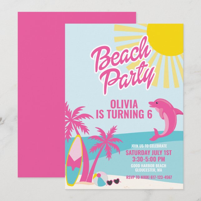Pink Malibu Strandgeburtstag Einladung (Vorne/Hinten)