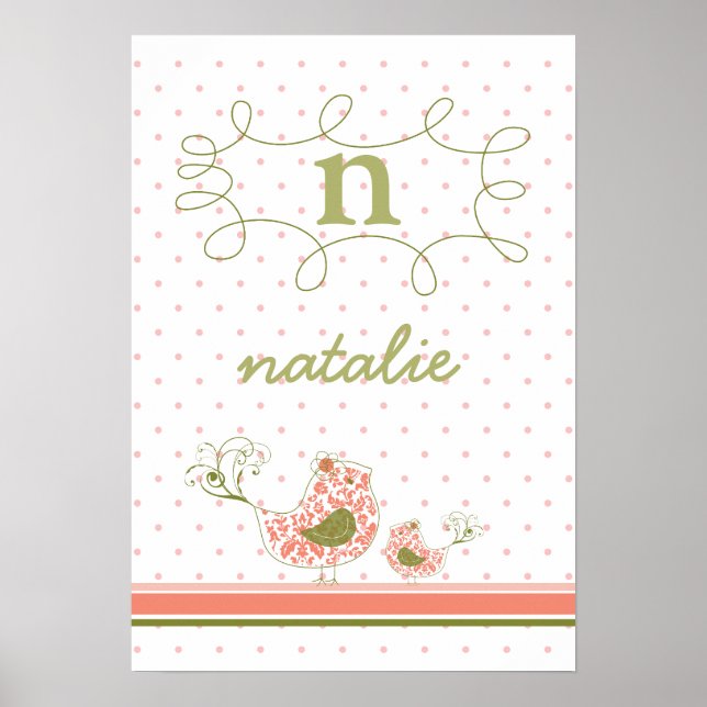 Pink Mama & Baby Bird Monogram Kids Wall Art Poste Poster (Vorne)
