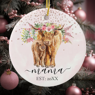 Pink Mama Baby Highland Cow Calf Mutter Keramik Ornament