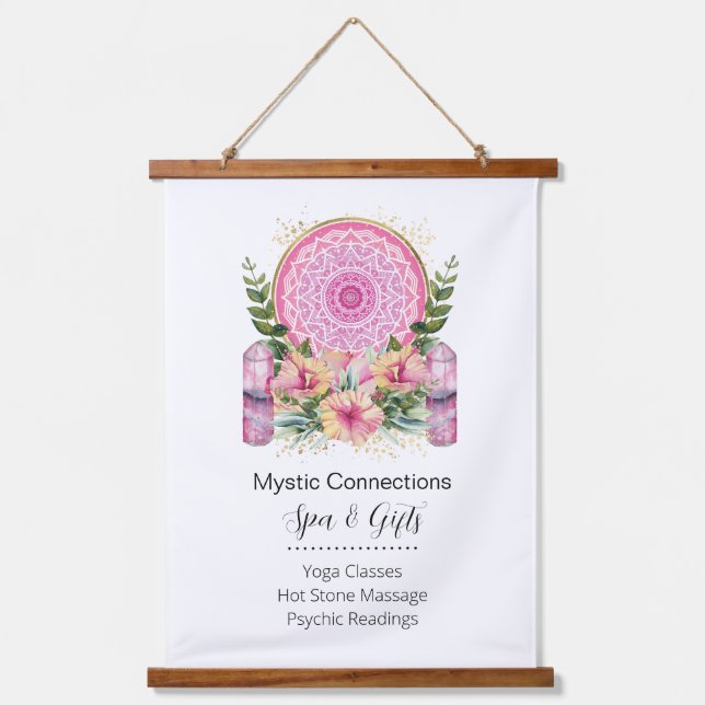 Pink Mandala Crystals Blume Energie Yoga Reiki Wel Wandteppich Mit Holzrahmen (Vorderseite)