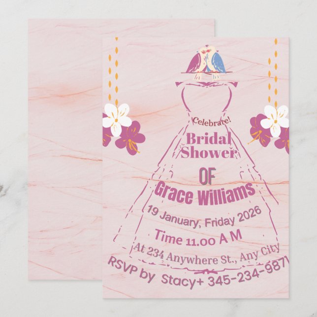 Pink Marble Bridal Gown Shower Invitation | Grace  Einladung (Vorne/Hinten)