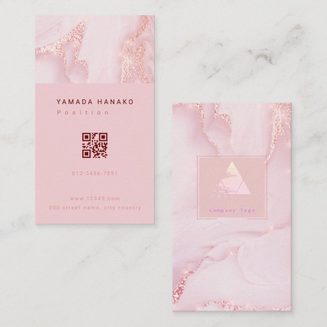 Pink marble QR business card Visitenkarte (Vorne/Hinten)