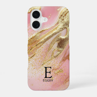 Pink Marmor Chic Gold Glitter Monogramm iPhone 16 Hülle