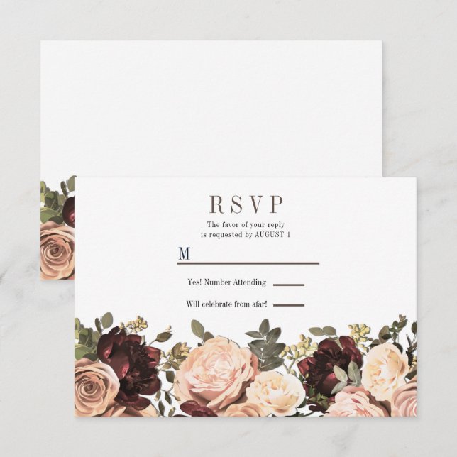 Pink & Maroon Blumengrün Blätter Wedding RSVP Einladung (Vorne/Hinten)