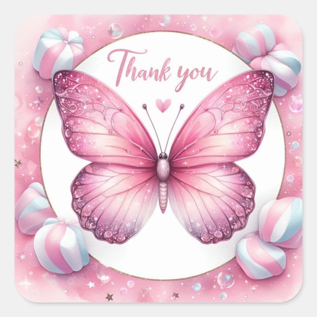 Pink Marshmallow Candy Butterfly - Danke - Quadratischer Aufkleber (Vorderseite)