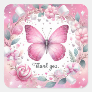 Pink Marshmallow Candy Butterfly - Danke - Quadratischer Aufkleber