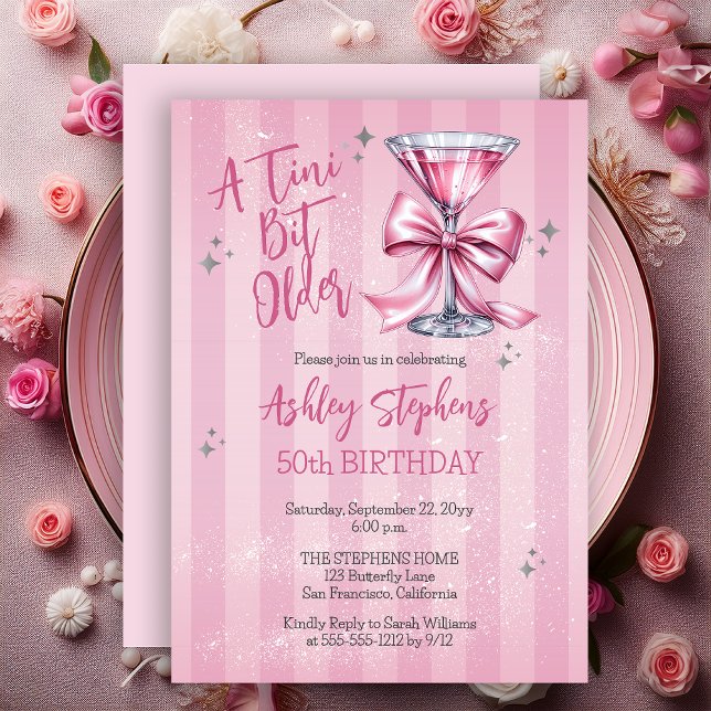Pink Martini A Tini Bit Older 50th Birthday Party Einladung (Pink Martini "Tini Bit Older" Striped Adult Birthday Party Invitation)