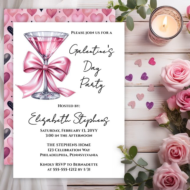 Pink Martini Coquette Bow Galantine's Day Party Einladung (Galentine’s Day Party Invitation | Pink Martini Bow Coquette Valentine Invite -- Print | Digital)
