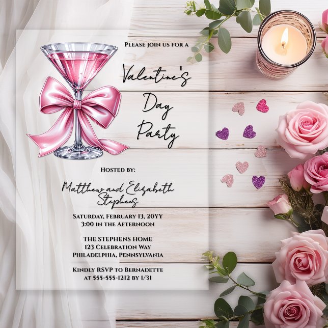 Pink Martini Coquette Bow Valantine's Day Party Acryleinladungen (Valentine’s Day Party Acrylic  Invitation | Pink Martini Bow Couple’s Valentine Invite )