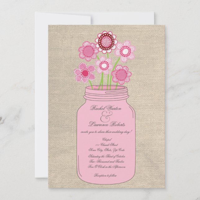 Pink Mason Jar Blume & Burlap Wedding Einladung (Vorderseite)