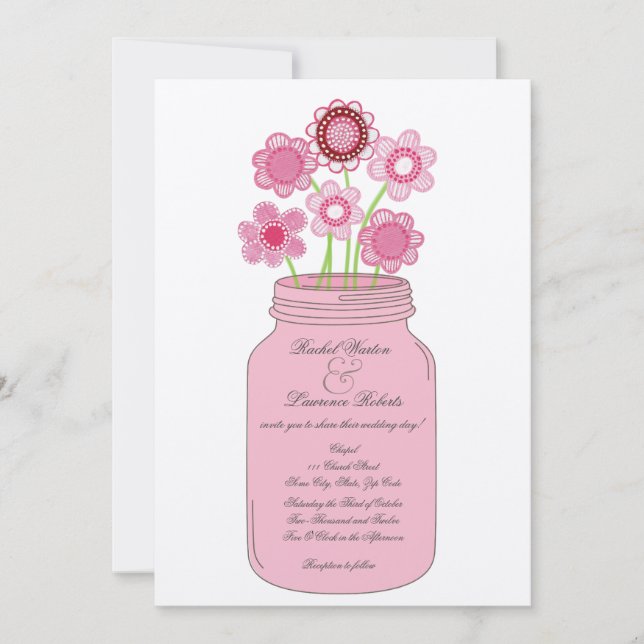 Pink Mason Jar Blume Hochzeit Einladung (Vorderseite)