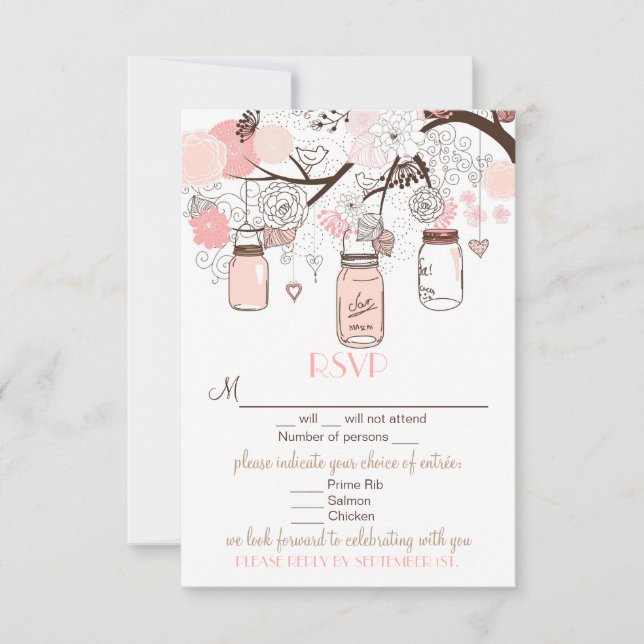 Pink Mason Jars und Love Birds UAWG Wedding Card RSVP Karte (Vorderseite)