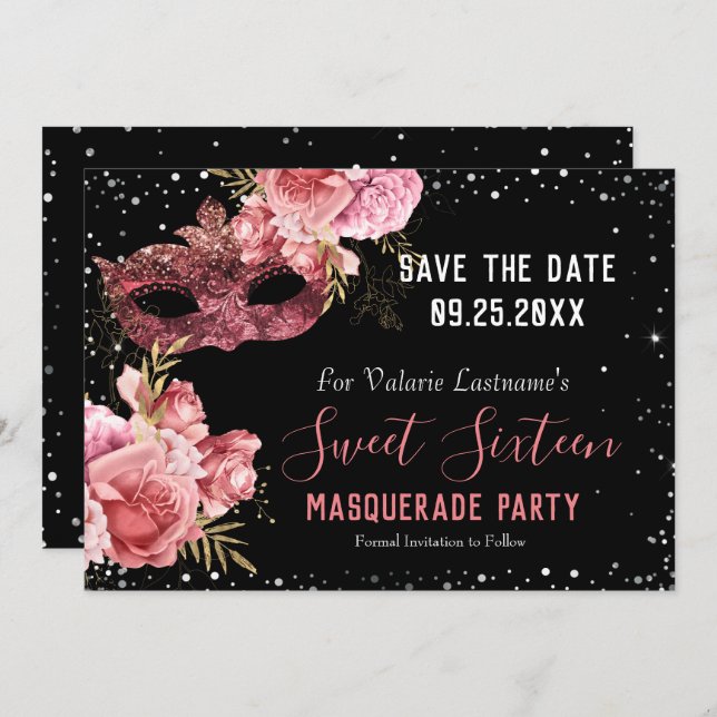 Pink Masquerade 16 . Geburtstag Save the Date (Vorne/Hinten)
