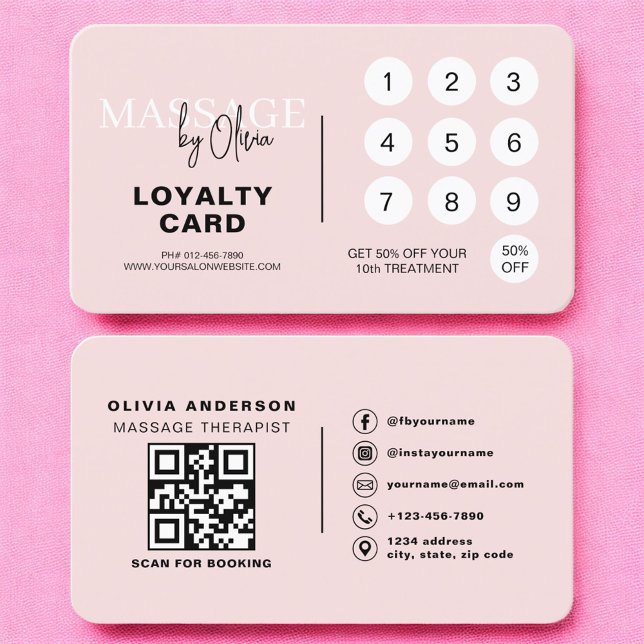 Pink Massage Therapy Loyalty Card with QR Code Visitenkarte (Von Creator hochgeladen)