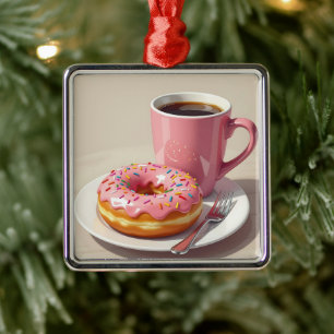 Pink Mattiert Donut und Kaffee Weihnachten Ornament Aus Metall