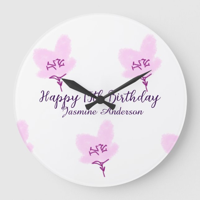 Pink mauve floral 15th birthday quinceanera name d große wanduhr (Vorderseite)