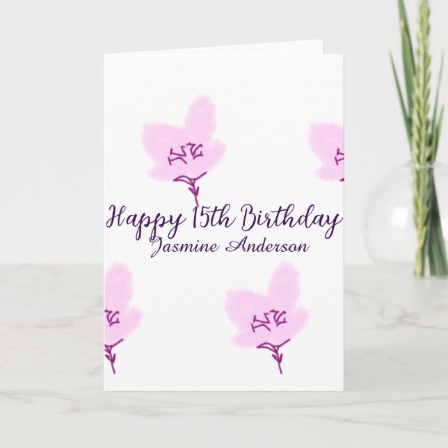 Pink mauve floral 15th birthday quinceanera name d karte (Vorderseite)