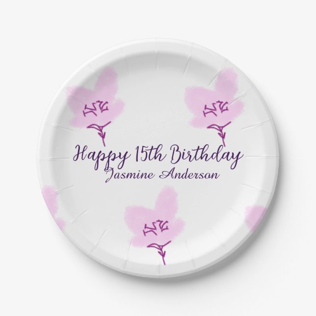 Pink mauve floral 15th birthday quinceanera name d pappteller (Vorderseite)