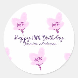 Pink mauve floral 15th birthday quinceanera name d runder aufkleber