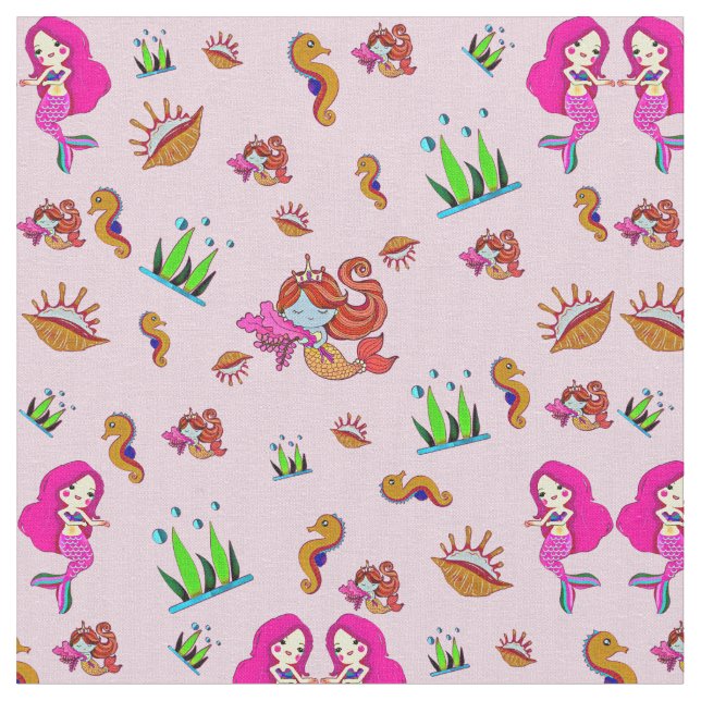 Pink Mauve Mermaids mit Seepferden und Muscheln Stoff (Nahaufnahme)