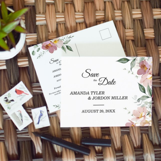 Pink Mauve Vintage Blumenhochzeit Sichern Sie das  Ankündigungspostkarte (Von Creator hochgeladen)