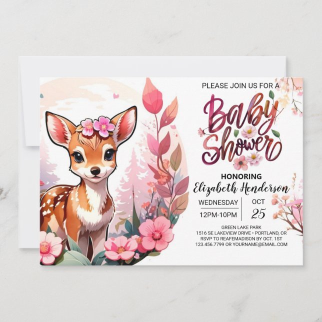Pink Meadow Baby Deer Watercolor Babydusche Einladung (Vorderseite)