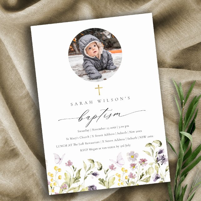 Pink Meadow Floral Butterfly Foto Taufe einladen Dankeskarte (Von Creator hochgeladen)