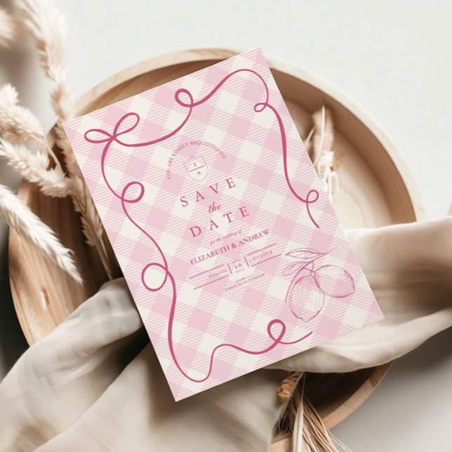 Pink Mediteranean Bow Gingham Lemons Wedding Save The Date (Von Creator hochgeladen)