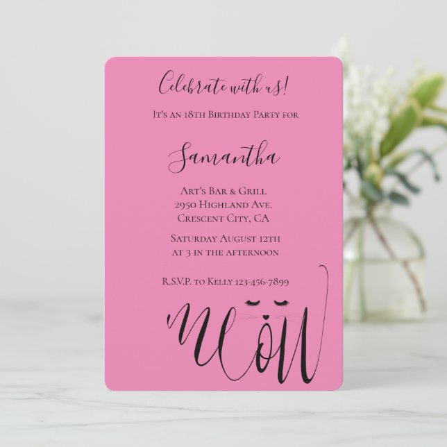 Pink Meow Cat Birthday Einladung (Stehend Vorderseite)