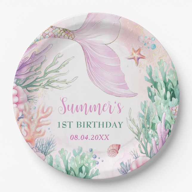 Pink Mermaid 1st Birthday Oneder The Sea Pappteller (Vorderseite)