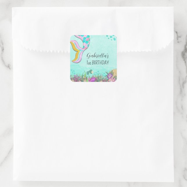 Pink Mermaid First Birthday Quadratischer Aufkleber (Tasche)