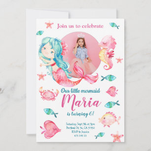 Pink Mermaid Kid's Foto Girl Birthday Einladung
