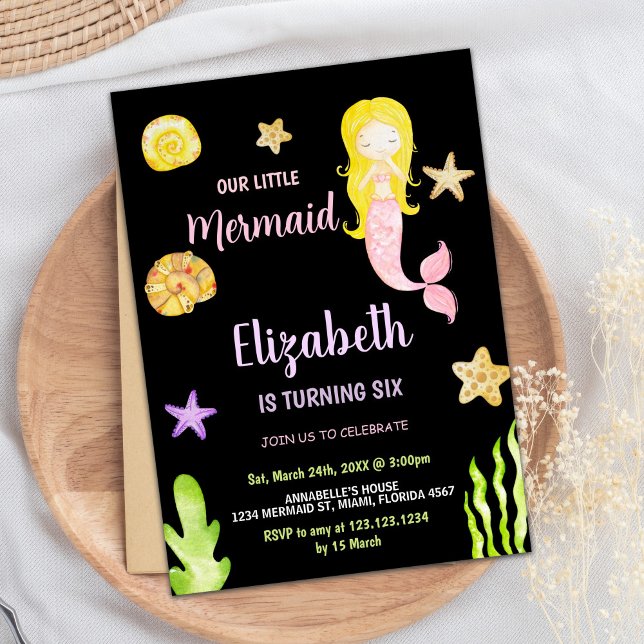 Pink Mermaid Kleine Meerjungfrau Geburtstagsfeierl Einladung (Pink Mermaid Little Mermaid Birthday Invitations)