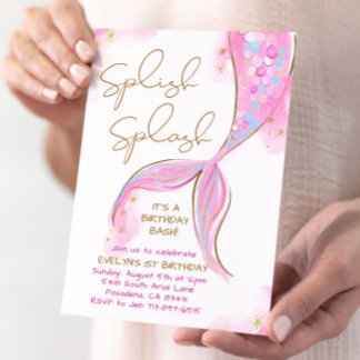 Pink Mermaid Splish Splash Girl Birthday Einladung