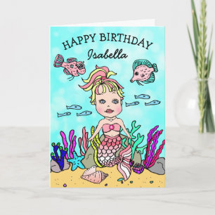 Pink Mermaid Themed Happy Birthday Card Karte