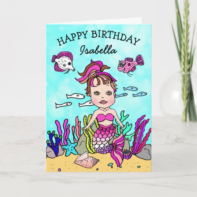 Pink Mermaid Themed Happy Birthday Card Karte (Vorderseite)