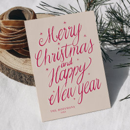Pink Merry Christmas and Happy New Year signature Feiertagskarte