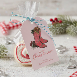 Pink Merry Christmas Cowgirl Stiefel und Kariert Geschenkanhänger