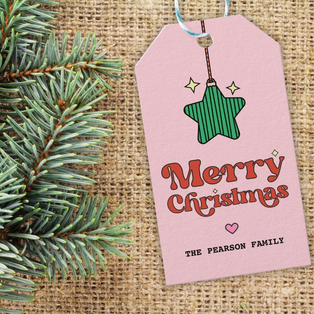 Pink Merry Christmas Line Muster Star Ornament Geschenkanhänger (cute retro sparkly green star ornament merry christmas gift tag)