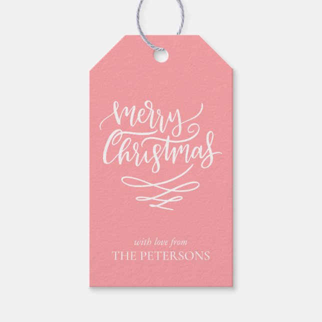Pink Merry Christmas Script Weihnachtsbaumen Geschenkanhänger (Vorderseite)