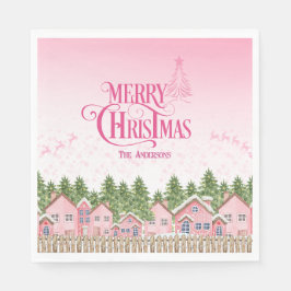 Pink Merry Christmas Village Party Paper Napkins Serviette