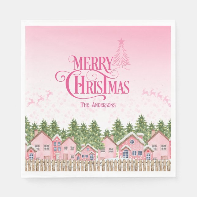 Pink Merry Christmas Village Party Paper Napkins Serviette (Vorderseite)