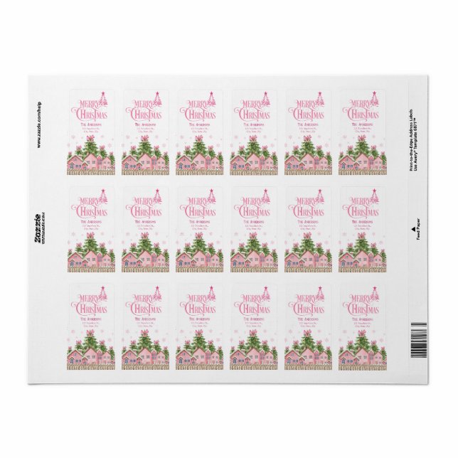 Pink Merry Christmas Village Tree Address Labels Adressaufkleber (Vorne)